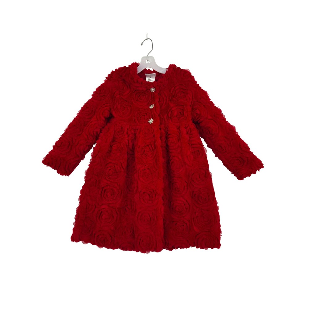 Blueberi Boulevard Girls Red Rosette Faux Fur Dress Coat Rhinestone Button 6